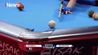 A Pool Table With Silviana Lu And Rini Nasution Playing Pool GIF