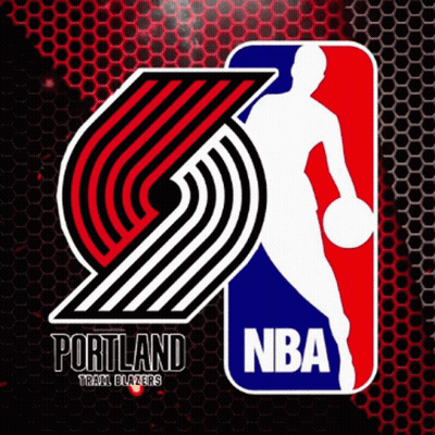 A Portland Trail Blazers Logo With A Man Holding A Basketball GIF