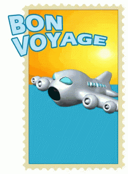 A Postage Stamp That Says Bon Voyage With An Airplane In The Background GIF