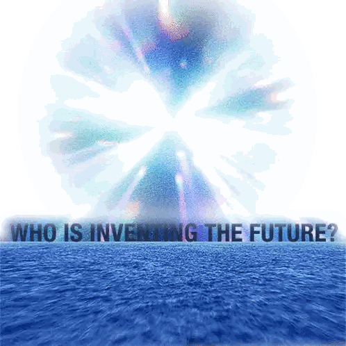 A Poster Asking Who Is Inventing The Future With A Blue Ocean In The Background Sticker