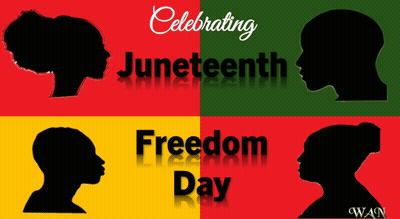 A Poster Celebrating Juneteenth Freedom Day With Silhouettes Of People GIF