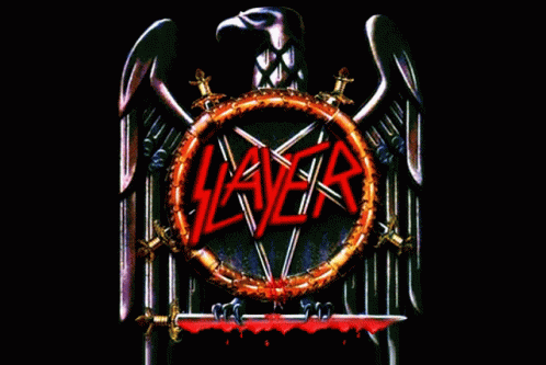 A Poster For A Band Called Slayer With A Eagle And Swords GIF