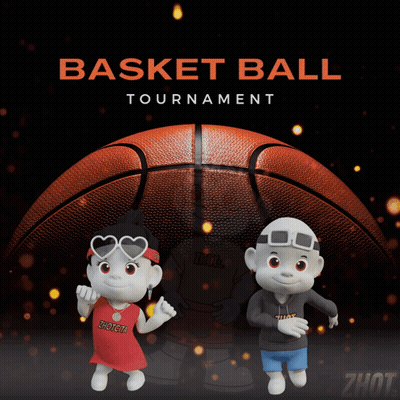 A Poster For A Basketball Tournament With Two Cartoon Characters In Front Of A Basketball GIF