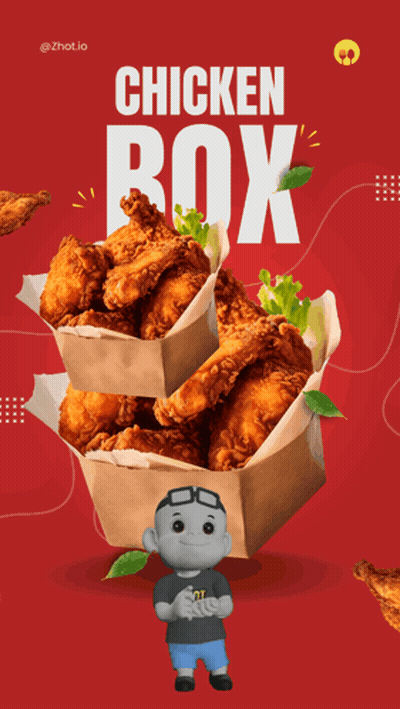 A Poster For A Chicken Box With A Boy Holding A Box Of Chicken GIF