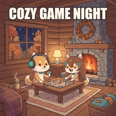 A Poster For A Cozy Game Night With Two Dogs Playing Board Games GIF