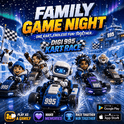 A Poster For A Family Game Night With A Robot In A Kart GIF