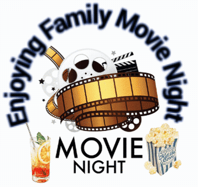 A Poster For A Family Movie Night With Popcorn And Drinks GIF