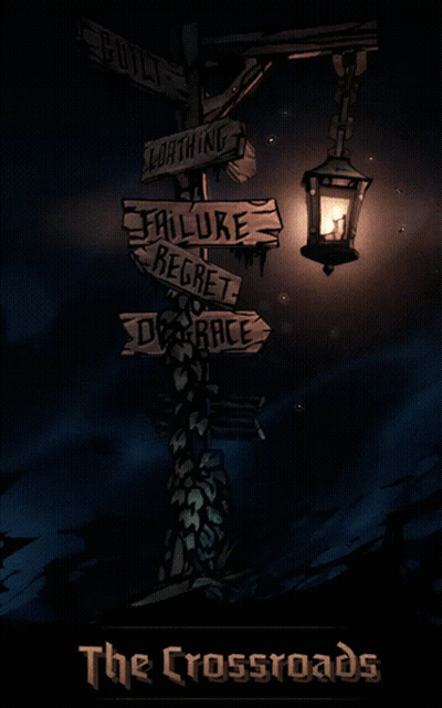 A Poster For A Game Called The Crossroads Shows A Street Sign GIF