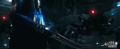 A Poster For A Movie Called Alita Infinity Shows A Person Holding A Blue Sword GIF