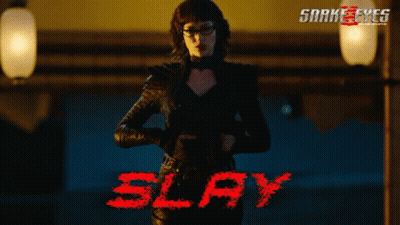 A Poster For A Movie Called Snake Eyes Shows A Woman Holding A Gun GIF