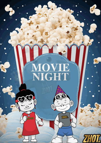 A Poster For A Movie Night With Two Cartoon Characters And A Bucket Of Popcorn GIF