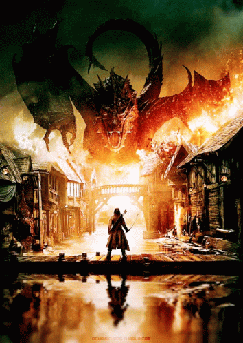 A Poster For A Movie Shows A Dragon Flying Over A Burning City GIF