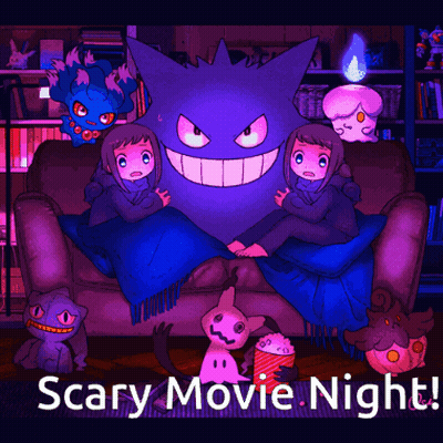 A Poster For A Scary Movie Night With A Purple Monster On The Couch GIF