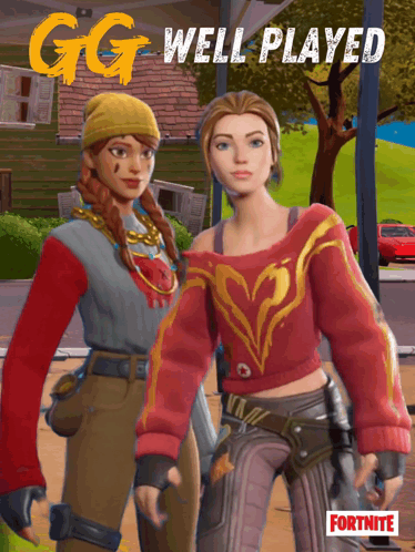 A Poster For A Video Game Called Gg Well Played Shows Two Girls Standing Next To Each Other GIF