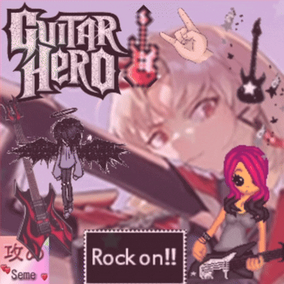 A Poster For A Video Game Called Guitar Hero With A Girl Playing A Guitar GIF