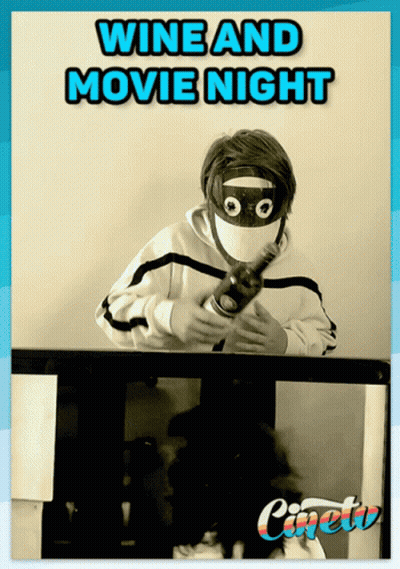 A Poster For A Wine And Movie Night Shows A Man In A Mask GIF