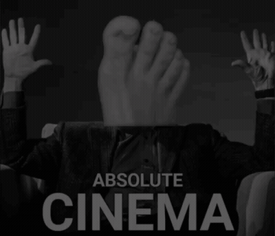 A Poster For Absolute Cinema Shows A Man Sitting In A Chair With His Feet In Front Of His Face GIF