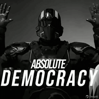 A Poster For Absolute Democracy Shows A Man In A Helmet GIF