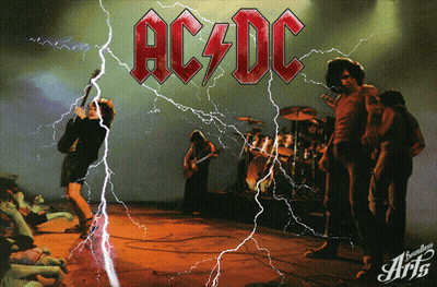 A Poster For Ac/dc With Lightning Strikes And A Band On Stage GIF