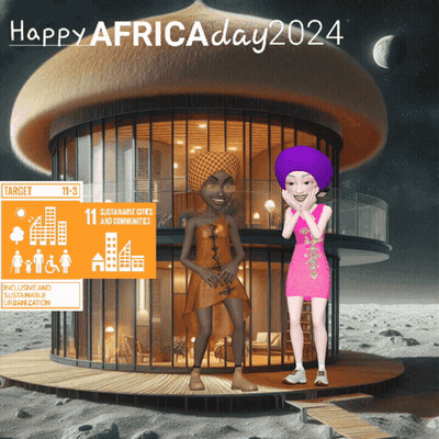 A Poster For Africa Day 2024 Shows Two Women Standing In Front Of A Building GIF