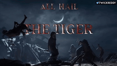 A Poster For All Hail The Tiger With A Man Holding A Sword GIF
