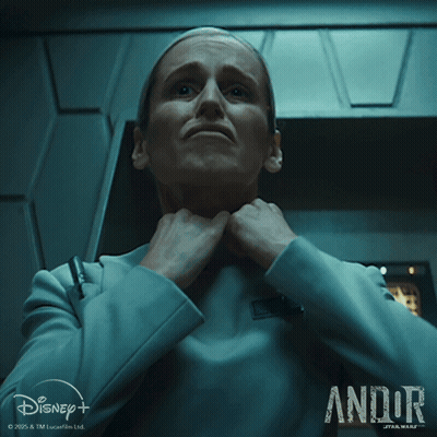 A Poster For Andor Star Wars Showing A Woman Holding Her Neck GIF