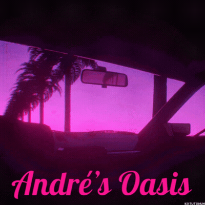 A Poster For Andre 'S Oasis Shows A Car With A Pink Sky In The Background GIF