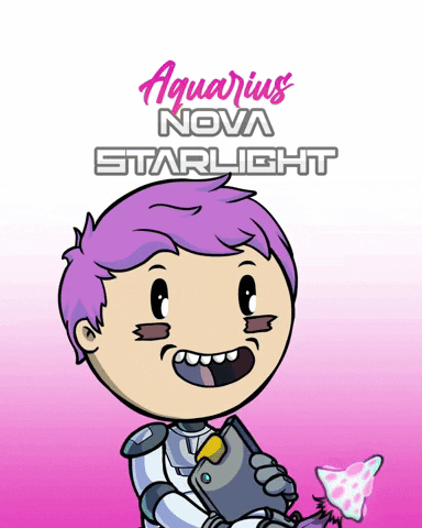 A Poster For Aquarius Nova Starlight Shows A Cartoon Character With Purple Hair GIF