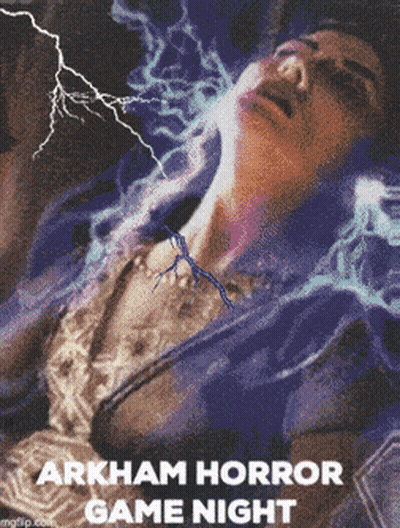 A Poster For Arkham Horror Game Night With A Woman Laying On The Ground GIF