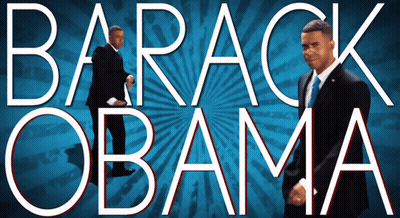 A Poster For Barack Obama With A Man In A Suit And Tie GIF
