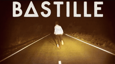 A Poster For Bastille With A Person Running Down The Road GIF