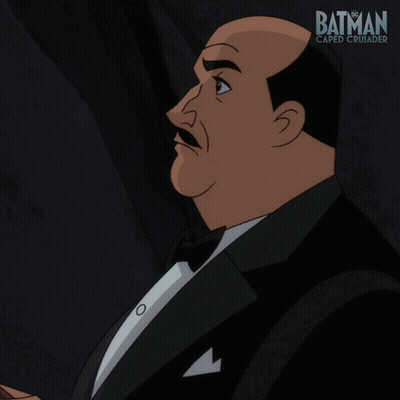A Poster For Batman Caped Crusader Shows A Man In A Tuxedo And Bow Tie Saying Good Lord GIF