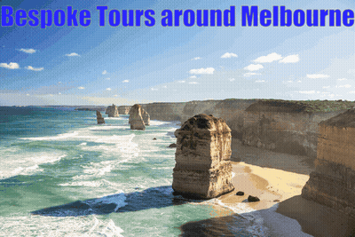 A Poster For Bespoke Tours Around Melbourne With A Picture Of A Beach GIF