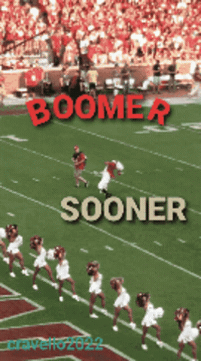 A Poster For Boomer Sooner With Cheerleaders On A Football Field GIF