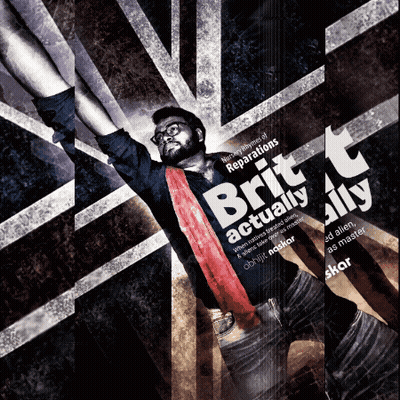 A Poster For Brit Actually Ally Shows A Man With His Arms In The Air GIF
