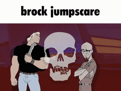 A Poster For Brock Jumpscare Shows Two Men Standing In Front Of A Large Skull GIF