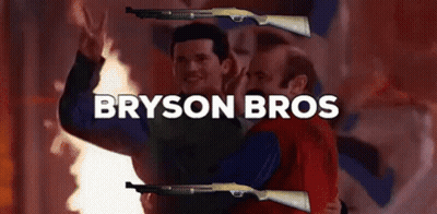 A Poster For Bryson Bros With Two Men Holding Guns GIF