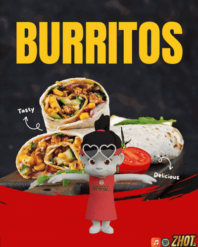 A Poster For Burritos With A Girl Wearing Heart Shaped Sunglasses GIF