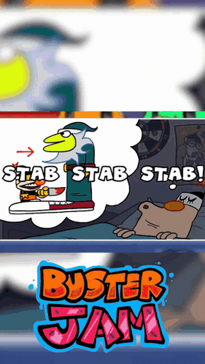 a poster for buster jam with a cartoon of a dog sleeping
