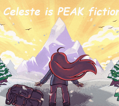 A Poster For Celeste Is Peak Fiction Shows A Girl With Long Red Hair Standing In Front Of A Mountain GIF