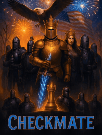 A Poster For Checkmate Shows A Knight With A Sword GIF