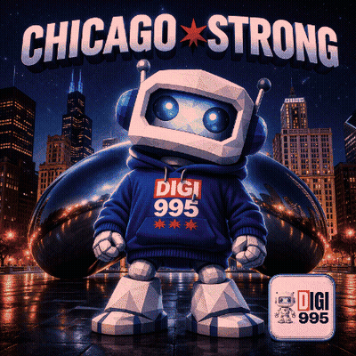 A Poster For Chicago Strong With A Robot Wearing A Sweatshirt That Says Digi 995 GIF