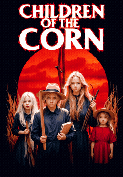 A Poster For Children Of The Corn Shows A Group Of Children Standing Next To Each Other GIF