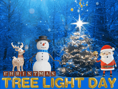 A Poster For Christmas Tree Light Day With A Snowman Reindeer And Santa Claus GIF