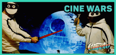 A Poster For Cine Wars Shows Two Men Holding Lightsabers GIF