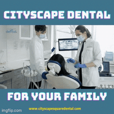 A Poster For Cityscape Dental Shows A Woman In A Dental Chair GIF