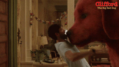 A Poster For Clifford The Big Red Dog Showing A Man And A Girl GIF