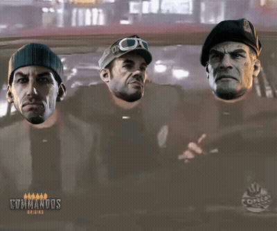A Poster For Commandos Origins Shows Three Men In A Car GIF