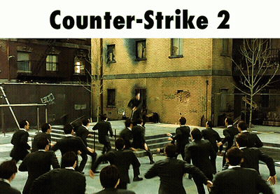 A Poster For Counter-Strike 2 Shows A Group Of Men In Suits Dancing In Front Of A Brick Building GIF