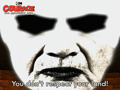 A Poster For Courage The Cowardly Dog Shows A Man With Black Eyes GIF